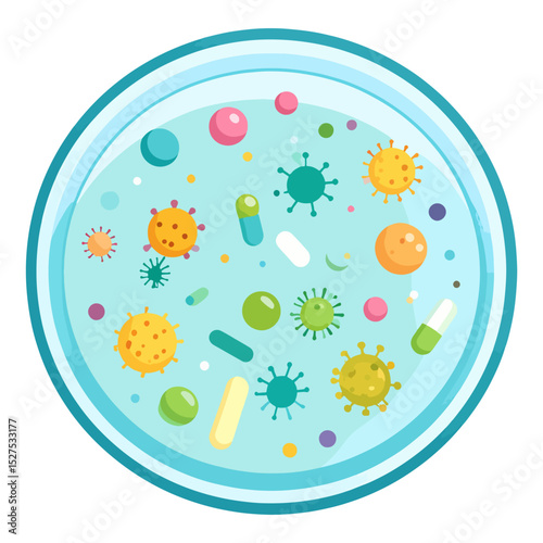 A light blue petri dish containing pills dots and viruses of varying shapes sizes and colors against a white background