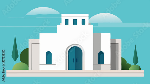 Flat Design Greek Architecture Building with Blue Dome and White Walls