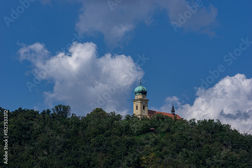 Lanscape view with old baroque church of Saint MArtin from Lulec village, Czech Republic