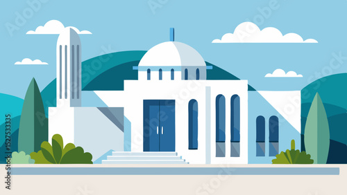 Flat Design Greek Architecture Building with Blue Dome and White Walls