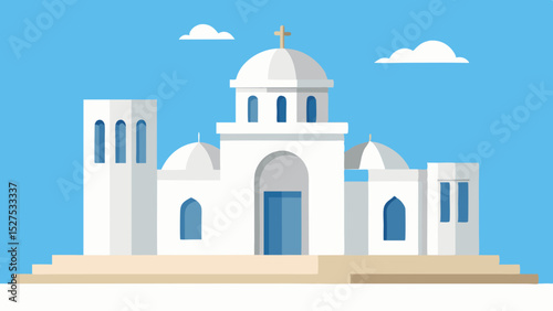 Flat Design Greek Architecture Building with Blue Dome and White Walls