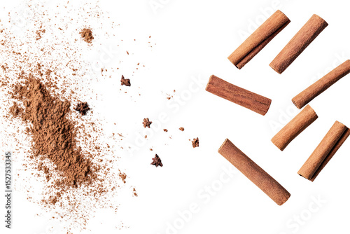 Aromatic cinnamon sticks and powder isolated on black background, top view