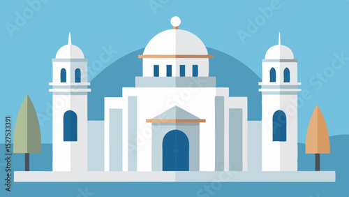 Flat Design Greek Architecture Building with Blue Dome and White Walls
