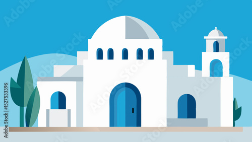 Flat Design Greek Architecture Building with Blue Dome and White Walls