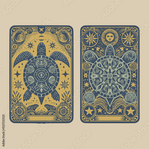 hand-drawn turtle design in retro vector technique for collectible wildlife card game