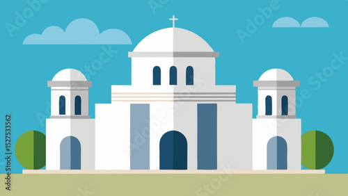 Flat Design Greek Architecture Building with Blue Dome and White Walls
