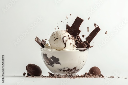 Delicious Dessert with Ice Cream and Chocolate on a Light Background