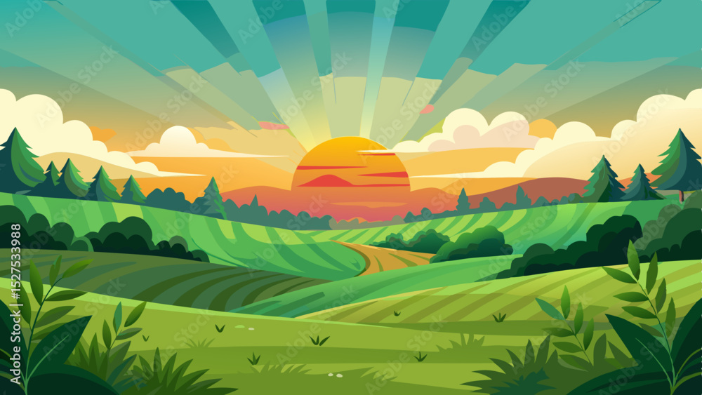 Obraz premium Colorful Sunrise Over Countryside Fields and Hills Illustration