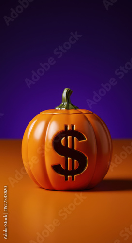 Ceramic pumpkin with dollar symbol on orange surface, Halloween finance creativity