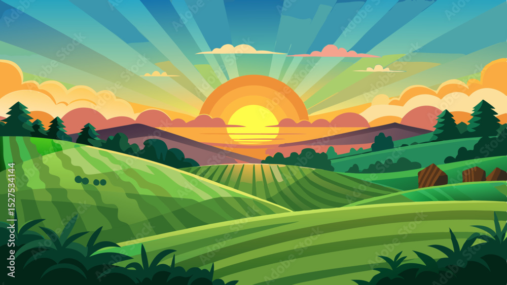 Obraz premium Colorful Sunrise Over Countryside Fields and Hills Illustration