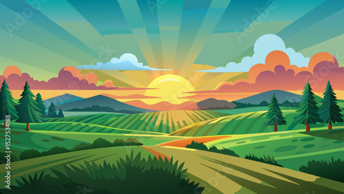 Colorful Sunrise Over Countryside Fields and Hills Illustration