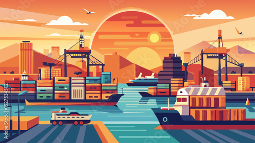 Colorful Port and Cargo Ship Illustration at Sunset