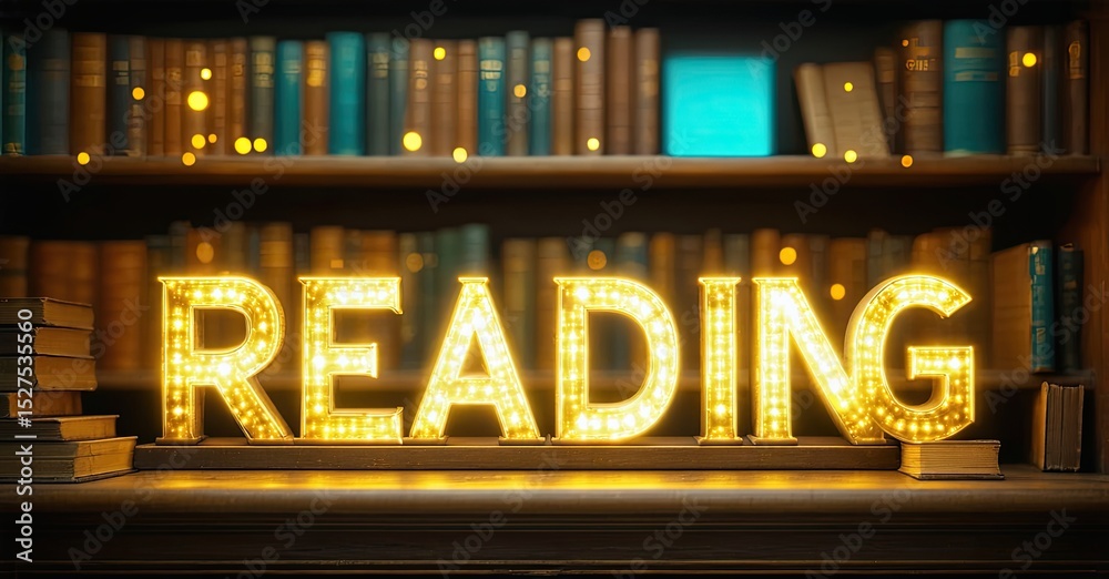 Obraz premium Bright illuminated reading sign sits before stacked books, bookshelf background. Warm lighting creates cozy atmosphere.