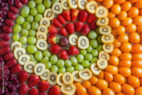 Vibrant Spiral Arrangement of Fresh Fruits in Various Colors and Types