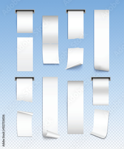 Vector illustration set of blank receipt and paper roll mockups in various styles and shapes, including torn edges, curled corners, and different roll types. Designed in high-quality EPS format