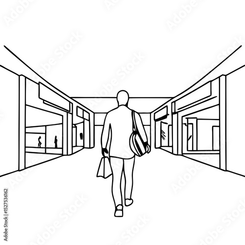 Person Walking in a Shopping Mall Line Art for Retail Blogs, E-commerce Websites, Consumer Insights, and Marketing Materials  