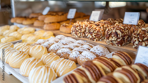 A tempting display of various pastries, including sweet rolls and nut-covered treats, enticingly arranged on a counter.