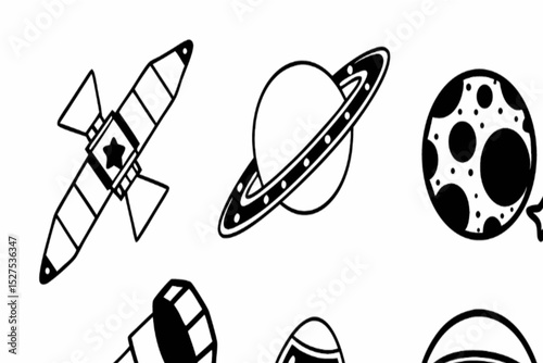 Cute Space Exploration Doodle Icons Set - Planet, Moon, Satellite, Telescope, Astronaut
