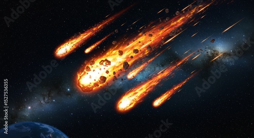 A fiery meteor shower in space.