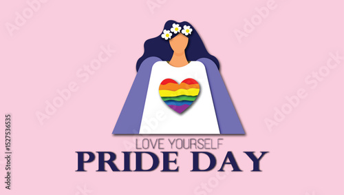 young modern Women with flowers in head looks like angel with pride lgbtq+ flag in Rainbow Heart shape illustration sign symbol design with copyspace love yourself pride day backdrop papercut cutout 