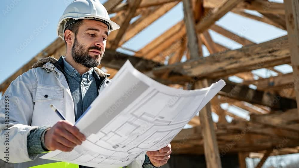Blueprint Architect at Work: A focused architect, donned in a hard hat, delves into detailed blueprints amidst a construction site, ready to bring his vision to life
