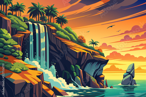 Vector illustration of a tropical cliff waterfall cascading into the ocean perfect for exotic travel posters, paradise landscapes, and dreamy nature scenes