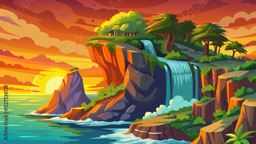 Vector illustration of a tropical cliff waterfall cascading into the ocean perfect for exotic travel posters, paradise landscapes, and dreamy nature scenes