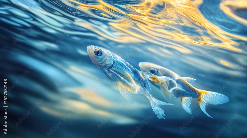 Fototapeta premium Two fish swim in sunlit underwater scene