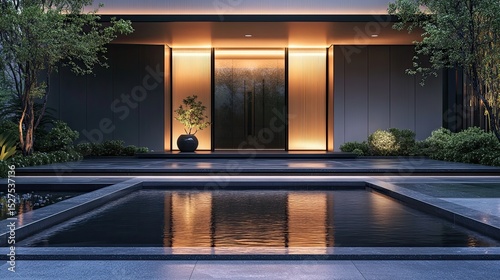 Modern illuminated entrance with glowing edges, serene water reflections, ideal for luxury branding or travel.