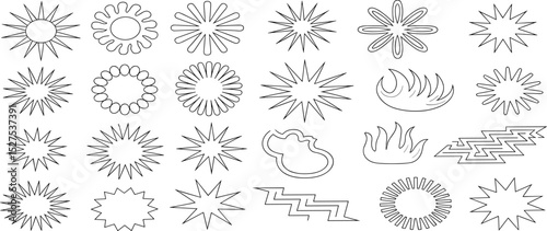 Vector abstract starburst, sunburst, and explosion shapes collection, outline graphic elements for design, comic effects, retro style icons