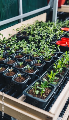 Rows of seedlings in small pots
