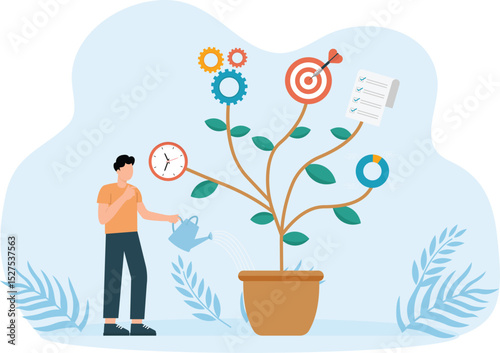 Business development plan and management or strategy to achieve targets, growth or business growth and success planning, businessman watering seed plants with processes and tasks towards success.

