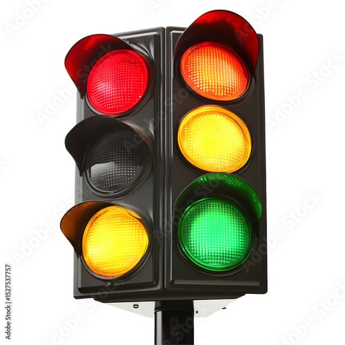 Traffic signal displaying red light and other color sequences on black background