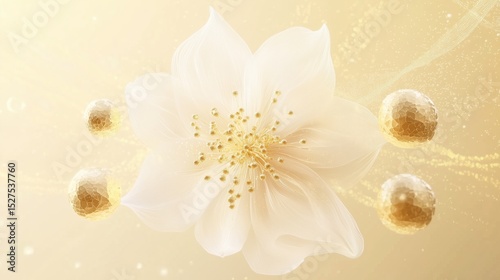Delicate White Fluffy Flower With Floating Golden Spheres on Light Yellow Background, A Minimalistic Design Blending Watercolor and Pastel Tones for Luxury and Trendy Aesthetic Appeal