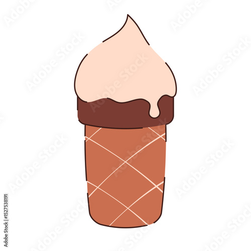 Ice cream in a brown waffle cone on a white background. The food icon.