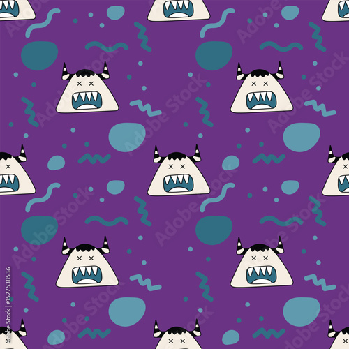 Hand-drawn cute monster on a purole background. Seamless pattern is halloween for clothing, fabric, wallpaper, backdrop, home decoration, cover book, and wall art.