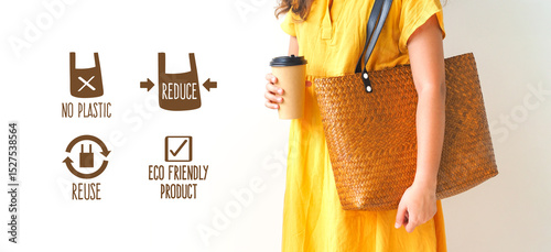 Woman holding  bamboo woven bag on white background. Handmade weave bag. Reusable shopping bag. Natural material. Zero waste. Plastic free. Eco friendly concept.