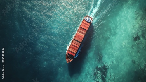 Una nave cargo vista dall'alto che naviga sulle acque. La nave ha una serie di container rossi impilati sul ponte. photo