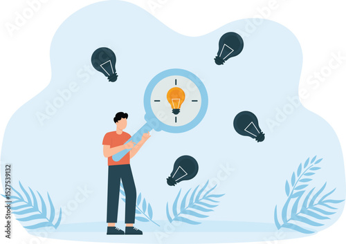 Your Startup Idea validation and Find a problem that is feasible enough to solve. Determine the idea validity of the idea. Businessman using magnifying glass with light bulb. vector illustration.