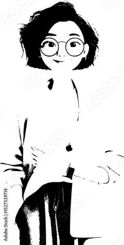 Cartoon character of a professional woman, wearing blazer and holding a laptop, modern vector style, suitable for business content, transparent background 