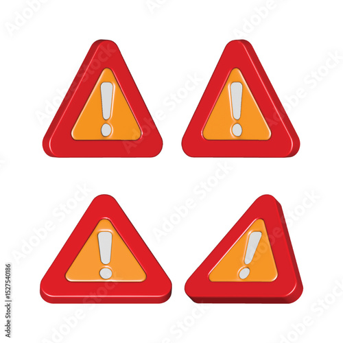 Four 3D Rendered Warning Triangles with Exclamation Marks
