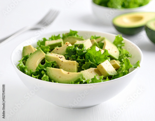 Un bol con ensalada verde de aguacate y lechuga para una dieta sana junto a un tenedor sobre una mesa blanca de cocina