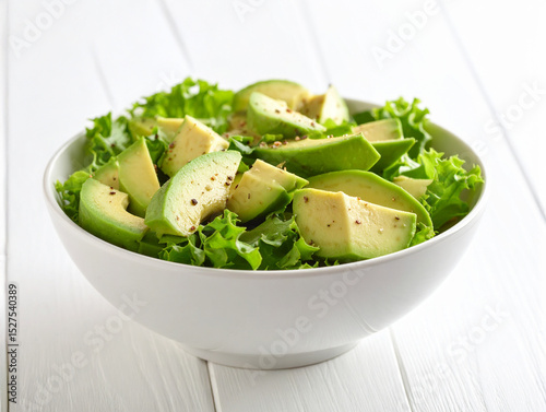Un bol con ensalada verde de aguacate y lechuga para una dieta sana junto a un tenedor sobre una mesa blanca de cocina