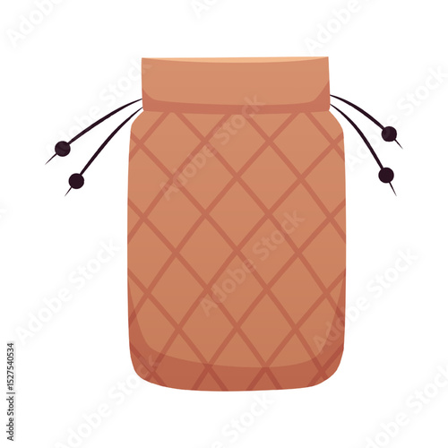 Brown small bag with laces vector flat icon, textile or leather reusable purse, pocket, pouch for coins, jewelry storage