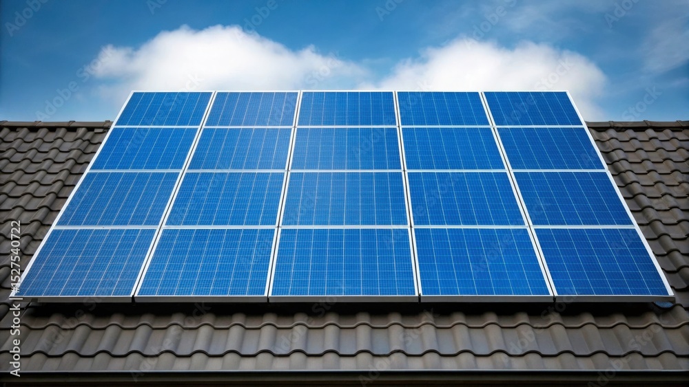 Fototapeta premium Solar panels installed on a rooftop in a residential neighborhood showcasing renewable energy solutions