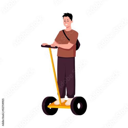 Smiling young man riding scooter vector illustration.
