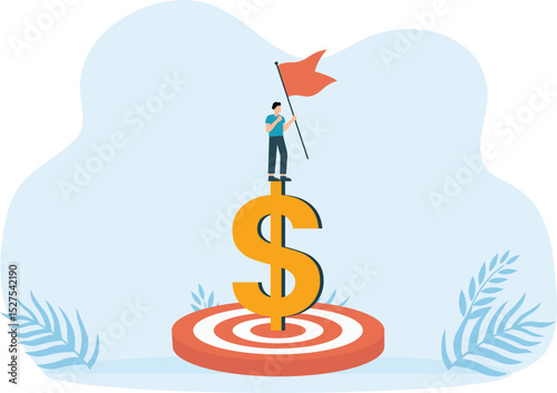 Reaching financial goal winner flag over dollar money target, successful investment or making money winning wealth and saving goal or achievement concept.
