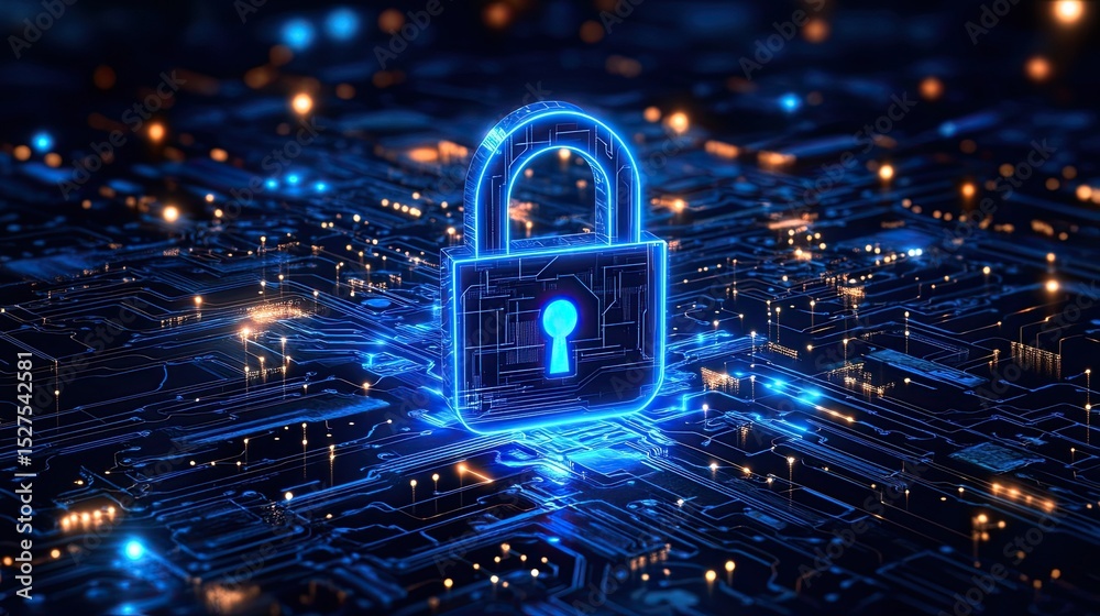 Neon blue lock symbol on a circuit board, conveying data protection and technology in cybersecurity Neon blue lock symbol on a circuit board, conveying data protection and technology in cybersecurity