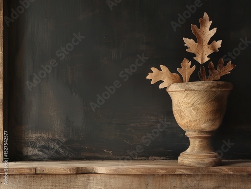 Wooden bowl with autumn leaves on shelf