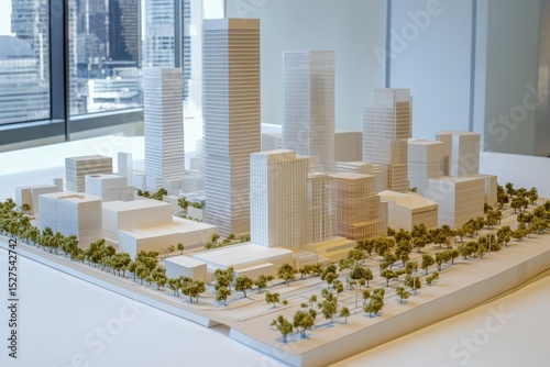 Architectural Model of Modern City Skyline with Green Space Features